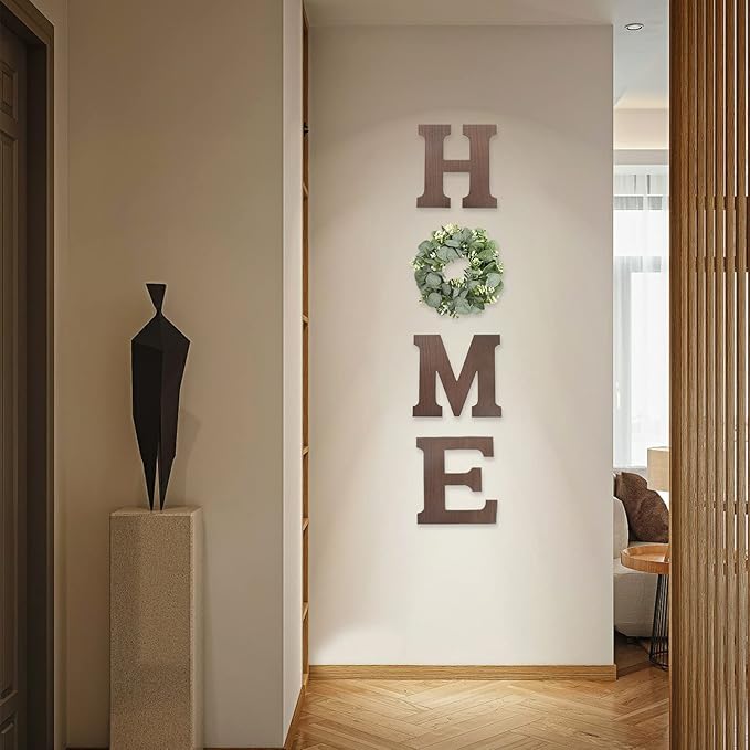 Wooden Home Sign Wall Hanging Decor - Wood Letters for Wall Art with Artificial Eucalyptus Wreath Rustic Home Decor Farmhouse, Wall Decor for Living Room Kitchen Housewarming Gift (Brown)