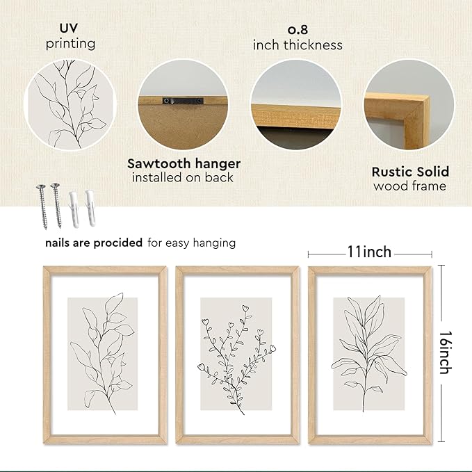 YWJKWLGS Neutral Botanical Prints Framed Wall Art Decor 11x16 Inch Set of 3 Boho Plant pictures Sign minimalist Vintage for Bedroom Office bathroom Wall Hanging (Wood)