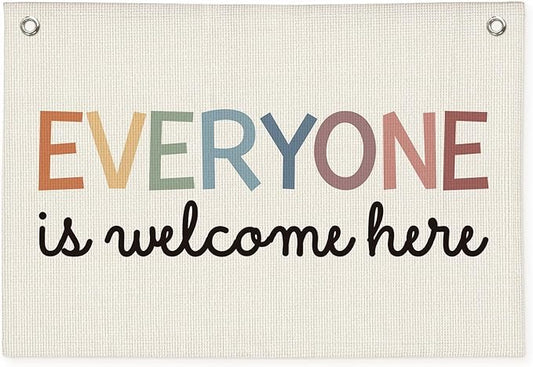 Welcome Sign for Classroom, Boho Classroom Must Haves Decorations for Teachers, Neutral Cute Everyone is Welcome Here Linen Canvas Banner