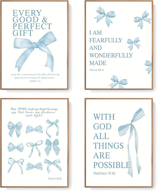 LARTSFRO Coquette Blue Bow Wall Art Decor Posters, Baby Blue Bow Room Bedroom Bathroom Dorm Wall Art Decor Aesthetic for College Teen Girls Gifts, Inspirational Bible Verses Bow Wall Decor, 12x16 Inch Set of 4 Pcs Bow Pictures (UNFRAMED)