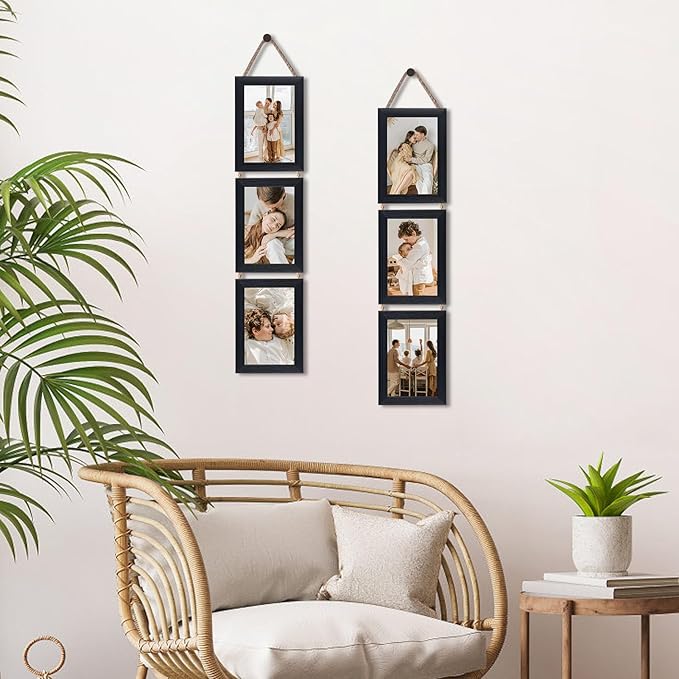 QUTREY 4x6 Picture Frames Collage Black, 3 Openings 4 x 6 Vertical Hanging Photo Frames Display 4 by 6 inch Pictures for Wall Decor