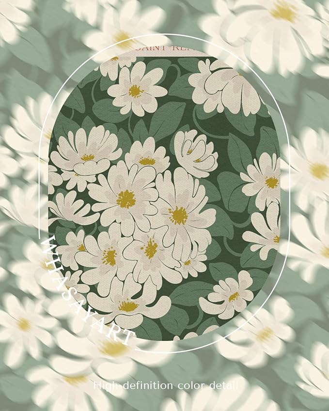 Vintage Framed Daisy Flower Market Wall Art 12x16, Boho Green Botanical Canvas Print White Floral Bedroom Living Room Artwork, Retro Aesthetic Modern Rustic Minimalist Gallery Wall Decor