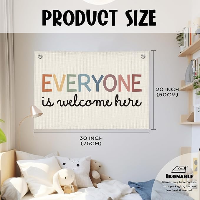 Welcome Sign for Classroom, Boho Classroom Must Haves Decorations for Teachers, Neutral Cute Everyone is Welcome Here Linen Canvas Banner