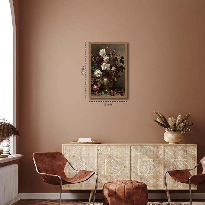 Framed Vintage Floral Large Wall Art，Rose Bouquet Flower Paintings Decor Aesthetic Canvas Print Artwork Still Life Retro Wall Pictures for Bedroom Living Room wooden frame 16x24in