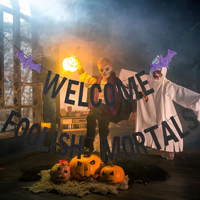 Welcome Foolish Mortals Banner Black Glitter, Haunted Mansion Banner Halloween Party Banner Decorations Welcome Foolish Mortals Sign for Halloween Indoor Laundry Room Farm Bar Home Wall Decor