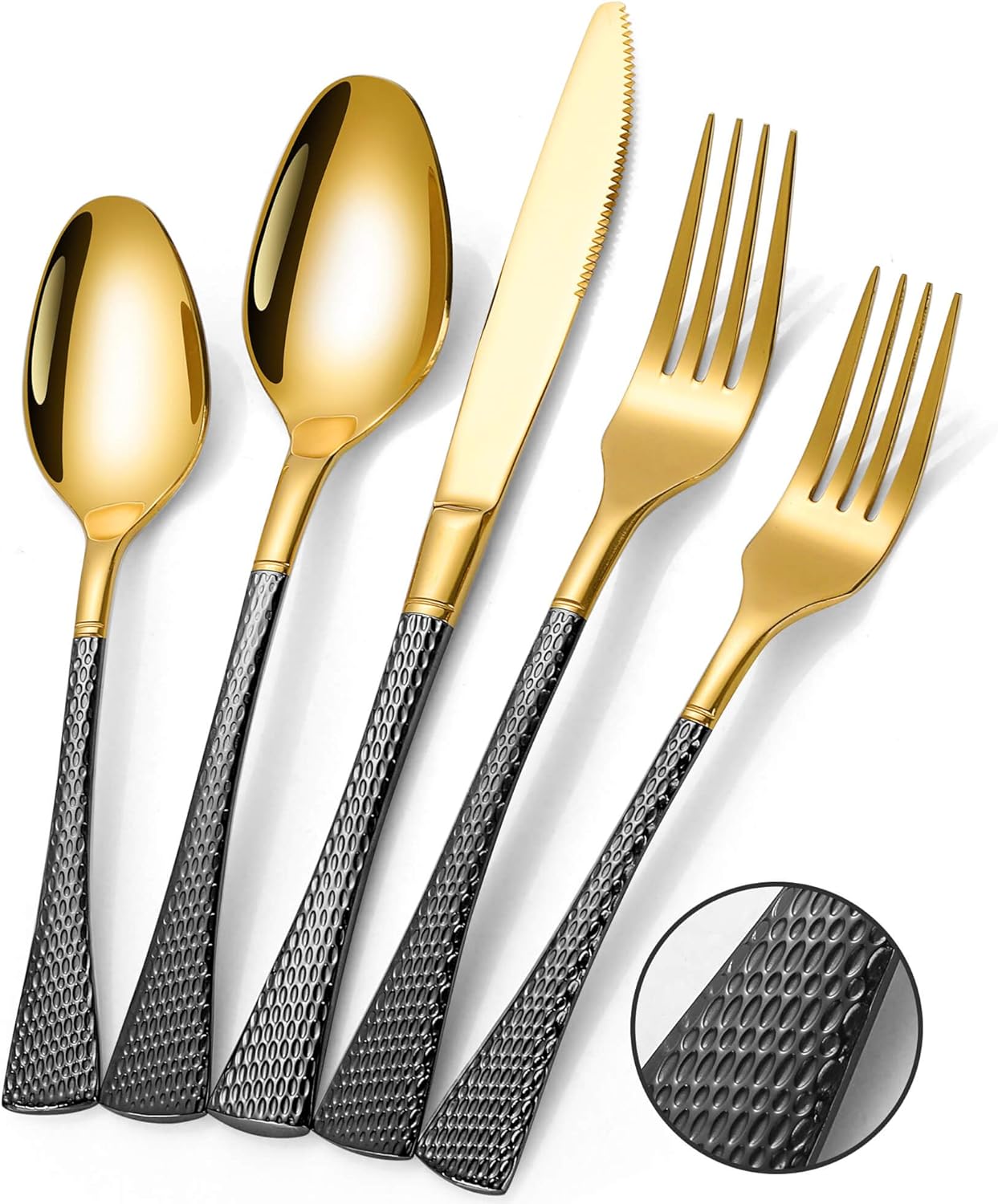 Hammered Black Gold Silverware Set for 8,Stainless Steel 40-Piece Modern Cutlery Set,Mirror Polished Heavy Duty Flatware Set Utensil Set,Knives Spoons and Forks Set,Dishwasher Safe
