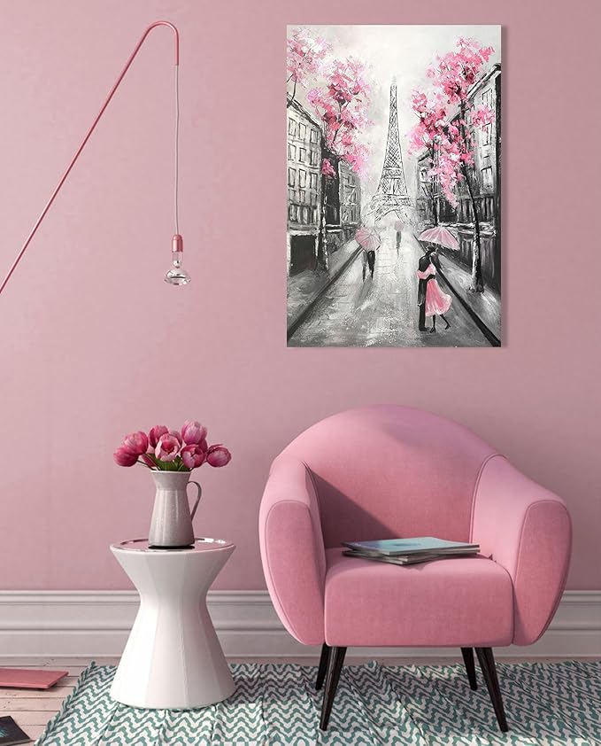 YPY Abstract Paris Canvas Wall Art: Black White Eiffel Tower Hand Painted Oil Painting, Pink and Grey Picture Print Room Decor for Teen Girls Bedroom Bathroom 24" x 36"