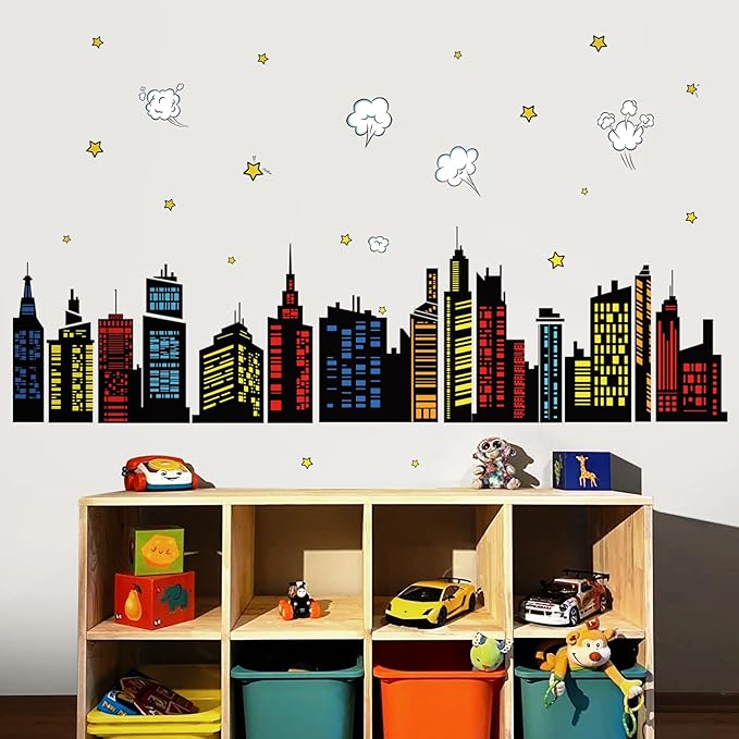 decalmile Colorful City Skyline Wall Decals Hero City Building Stars Wall Stickers Bedroom Playroom Toddler Room Wall Decor