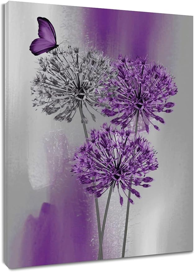 LB Purple Dandelion Wall Art Purple and Grey Floral with Butterfly Canvas Wall Art Modern Abstract Wall Art Decor for Living Room Bedroom Bathroom Office Framed Ready to Hang 10L x 8W