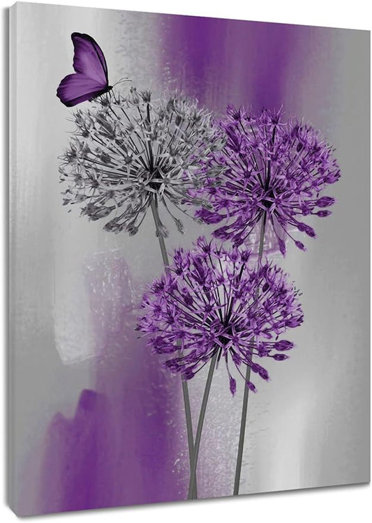 LB Purple Dandelion Wall Art Purple and Grey Floral with Butterfly Canvas Wall Art Modern Abstract Wall Art Decor for Living Room Bedroom Bathroom Office Framed Ready to Hang 10L x 8W