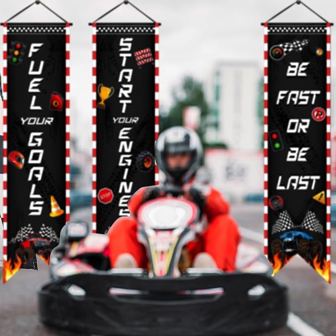 3 Pcs Race Car Party Banners Racing Fans Birthday Decor Monster Truck Hanging Porch Sign Truck Fuel Can Checkered Flag for Car Theme Birthday Party Supplies Inspirational Classroom Decoration