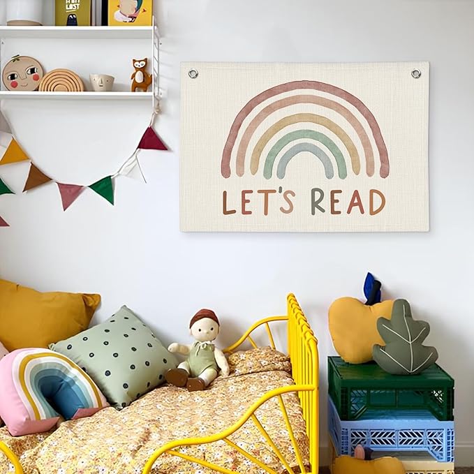 Read Linen Banner - Boho Classroom Decor, Reading Room Wall Hanging, Rainbow Canvas Flag for Homeschool, Elementary & Middle School Decorations, 20x30 Inch