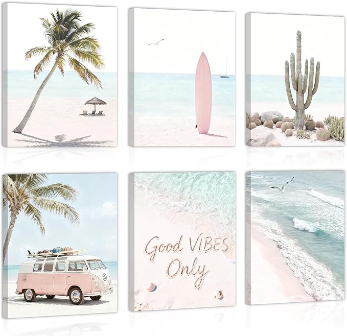 CHDITB Beach Framed Canvas Wall Art, Coastal Palm Tree Artwork, Tropical Ocean Wall Decor, Boho Surfboard Poster, Pink Aesthetic Summer wave Art Prints For Living Room Seaside Cottage Decor 8”X10”x6