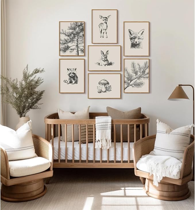 Nursery Wall Art Woodland Animal Canvas Wall Decor Baby Room Pictures Forest Animal Prints Kids Wall Art Pine Tree Poster Nature Vintage Artwork Deer Fox Painting for Bedroom 12x16x7 Inch Unframed