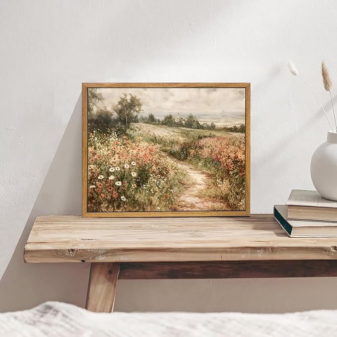 OIQArtOIQ Framed Canvas Wall Art,Vintage Decor,Landscape Nature Country Wildflower Paintings Farmhouse Pictures Modern Artwork Rustic Fall Flower Prints Cottagecore Office Living Room Bedroom Bathroom
