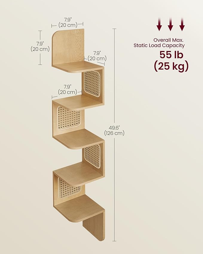 VASAGLE 5-Tier Corner Shelf, Wall Mounted Floating Shelf, Zigzag Corner Shelf Unit, PVC Rattan Sides, Space-Saving, for Kitchen, Living Room, Bedroom, Boho Style, Oak Beige ULLS582YC01S