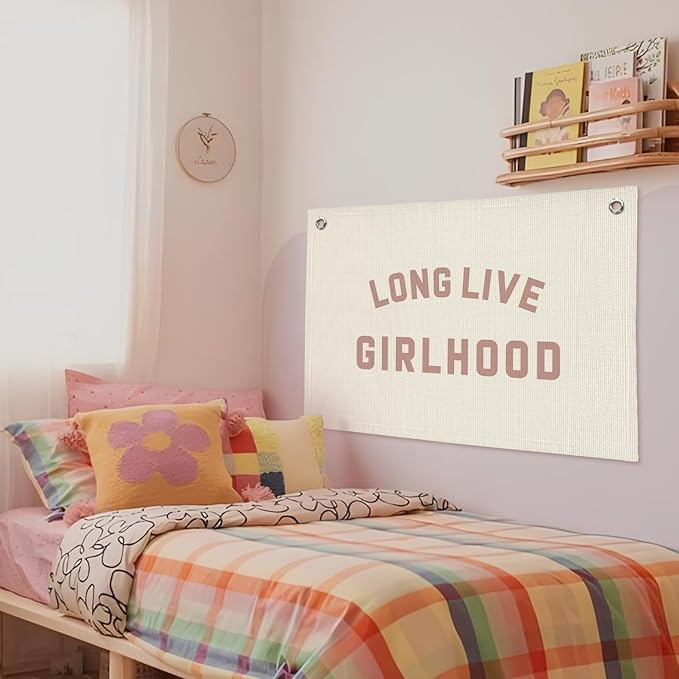 Long Live Girlhood Banner, Girls Baby Nursery Decor, Toddler Girl Room Decor, Pink Girls Room Wall Decor, 30x20 Inch Linen Wall Hanging Canvas Banner Flag