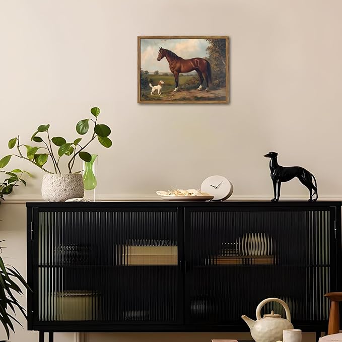 Framed Vintage Wall Art, Rustic Horse and Dog Pictures Wall Decor, Farmhouse Animal landscape Paintings Canvas Prints Neutral Aesthetic Home Decor for Living Room Bedroom Bathroom Office 16x24 inch