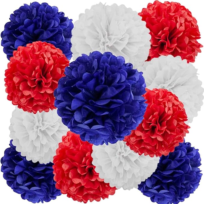 We Moment Red, Blue and White Paper Pom Poms Decorations for 4th Fourth of July，Independence Day Patriotic Decorations, Red Blue and White Ceiling Wall Hanging Tissue Flowers Decorations 12pcs