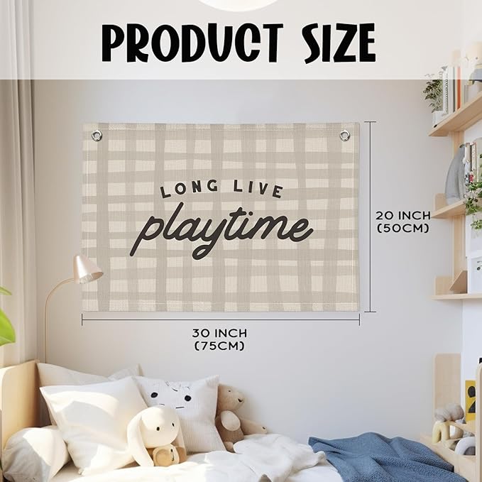 Playroom Decor, Play Room Wall Decor, Long Live Playtime Linen Banner Wall Hanging, Boho Beige Banner Flag Decor for Nursery Boys Room 20x30