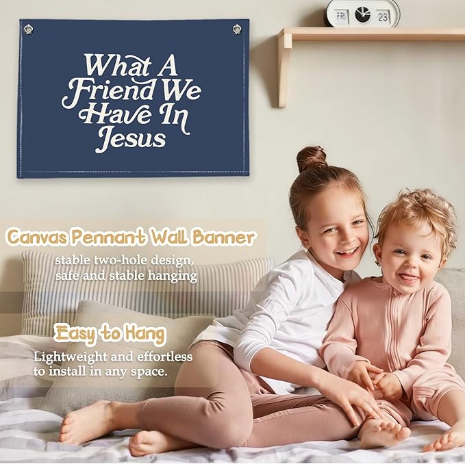 RTXLEZM Kids Room Decor - What a Friend We Have in Jesus Christian Canvas Banner Wall Hanging,Navy Blue Minimalist Bible Verse Wall Art Prints for Classroom, Nursery, Kids Room 20x30