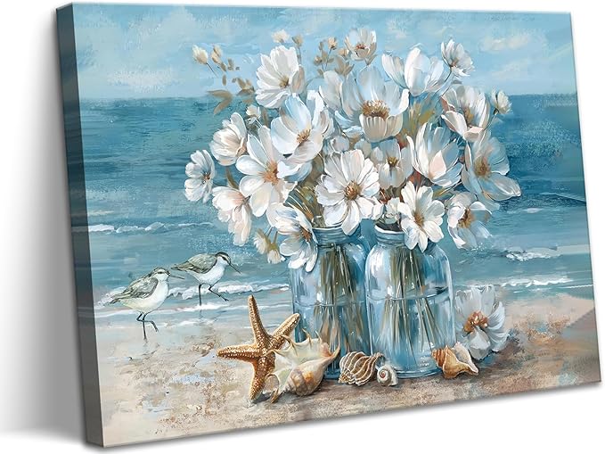 Blue Ocean Beach Bathroom Wall Art Ocean Theme Flower Canvas Painting Mason Jar White Daisies Coastal Print Artwork Starfish Seashells Seascape Picture Wall Decor for Living Room Bedroom 12x16"