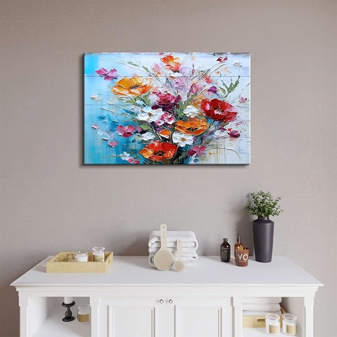 Colorful Flowers Wall Art Wildflowers Wall Decor Farmhouse Floral Picture Canvas Prints Red Orange Poppy Bouquets Picture Painting Abstract Nature Artwork Kitchen Living Room Home Decoration 16x24"