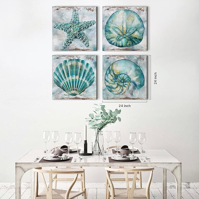 Teal Conch Canvas Wall Art Bathroom Decor Rustic Beach Watercolor Aqua Starfish Prints Pictures Vintage Shell Laundry Painting Poster 4 Pcs Set Modern Beach Theme Bedroom Framed Artwork 24 x 24 Inches