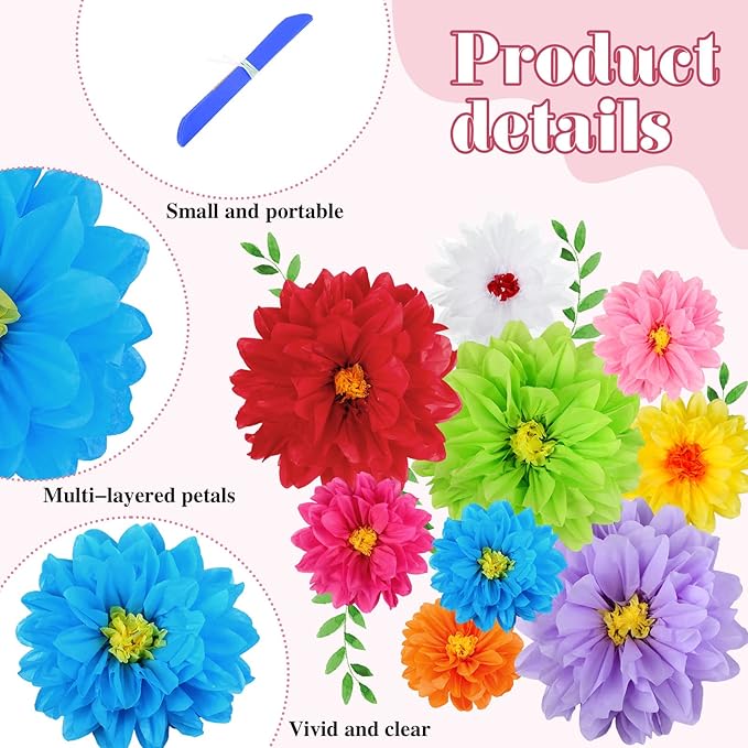 Geyee 54 Pcs Mexican Paper Flowers Fiesta Tissue Paper Flowers Colorful Crepe Flower Mexican Fiesta Party Decorations for Floral Backdrop Carnival Wedding Birthday Party Craft Wall Decor (8" 10" 12")