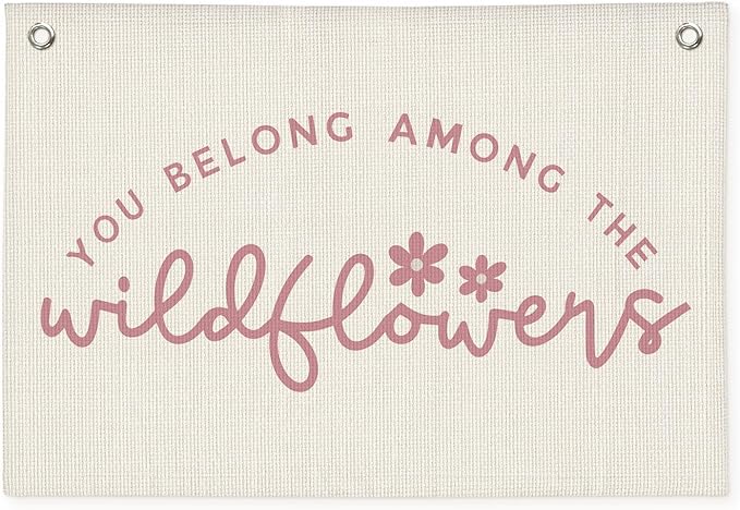 Girls Room Decor, Wildflower Baby Girl Nursery Decor, Baby Shower Pink Linen Canvas Banner, Wall Hanging Banner Flag 20x30 Inch - Pink