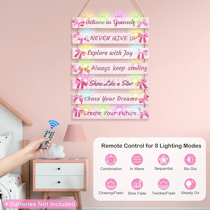 FIOBEE Girls Room Décor for Teen Girls Boys with LED Light Wall Decor for Bedroom Motivational Inspirational Wall Art Room Decoration for Kids Studyroom, 8 Kinds of Lights, Pink Bow