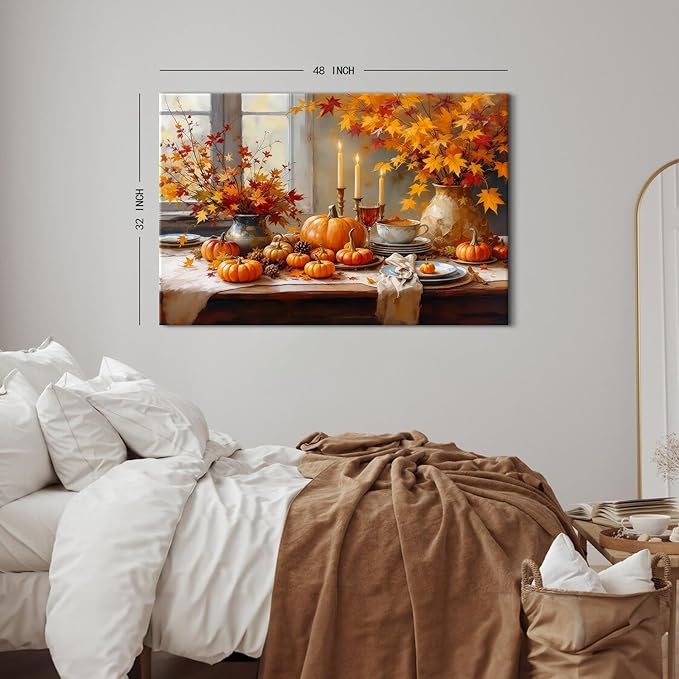 Rustic Pumpkin Wall Art Fall Themed Maple Leaves Wall Decor Farmhouse Autumn Painting Vintage Farm Fall Harvest Canvas Prints Still Life Pictures Artwork for Kitchen Dining Room Home Decoration 32x48"