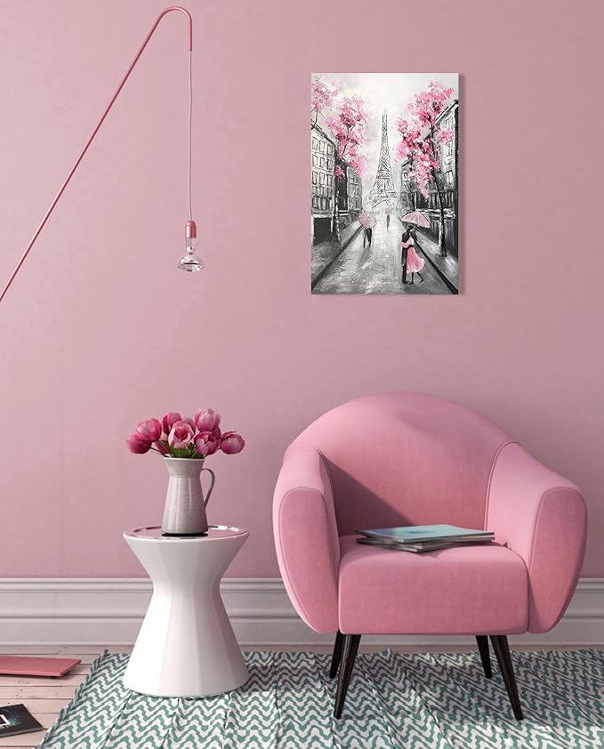 YPY Abstract Paris Canvas Wall Art: Black White Eiffel Tower Hand Painted Oil Painting, Pink and Grey Picture Print Room Decor for Teen Girls Bedroom Bathroom 16" x 24"