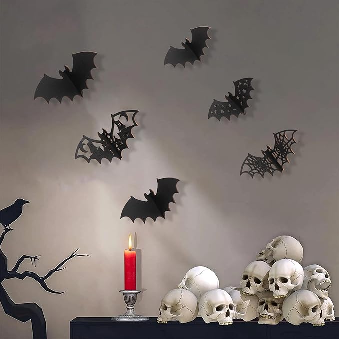 Agkvw Wooden Mini 3D Bats Table or Wall Decor – Set of 6 Halloween Bats Decor,Spooky Home Decor for Shelf or Mantle Sitter, 3D Wood Bats Set