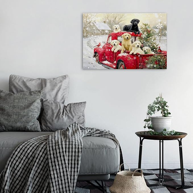 Christmas Canvas Wall Art for Living Room Vintage Red Truck Pictures Cute Farmhouse Dogs Wall Decor Rustic Christmas Tree Poster Retro Winter Country Scenic Artwork for Bedroom Home Decorations 16x24"