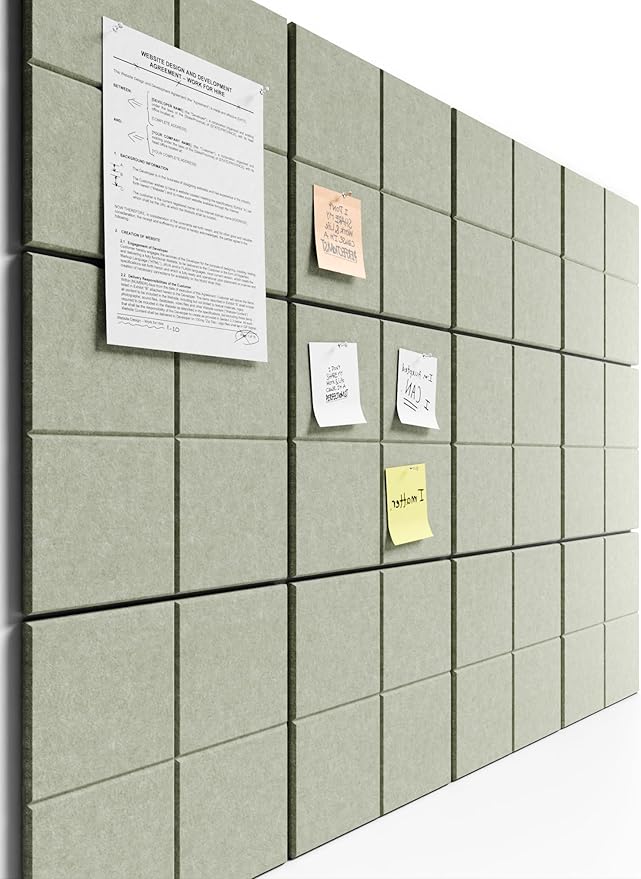 Bumusty Large Felt Bulletin Board, 48" x 36" Cork Board Alternative, 12-Pack Wall Tiles with 4-Compartment Design, 30 Push Pins, 70 Adhesive Tabs, Ideal for Office & Home Decor, Sage