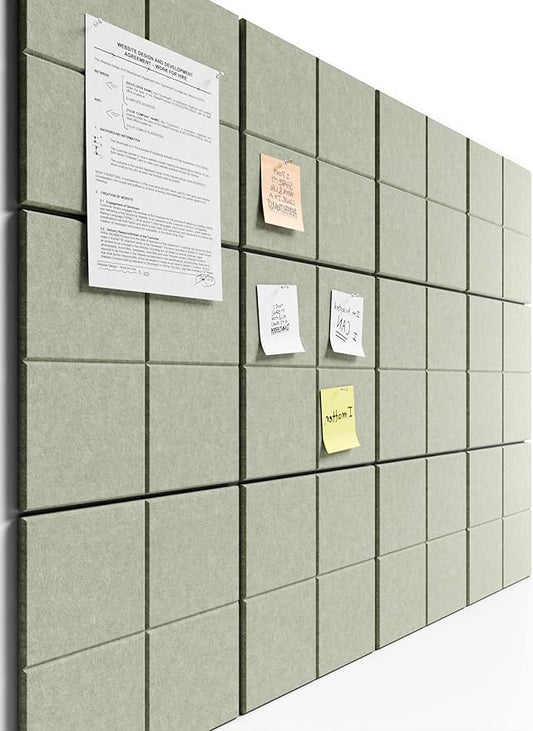 Bumusty Large Felt Bulletin Board, 48" x 36" Cork Board Alternative, 12-Pack Wall Tiles with 4-Compartment Design, 30 Push Pins, 70 Adhesive Tabs, Ideal for Office & Home Decor, Sage