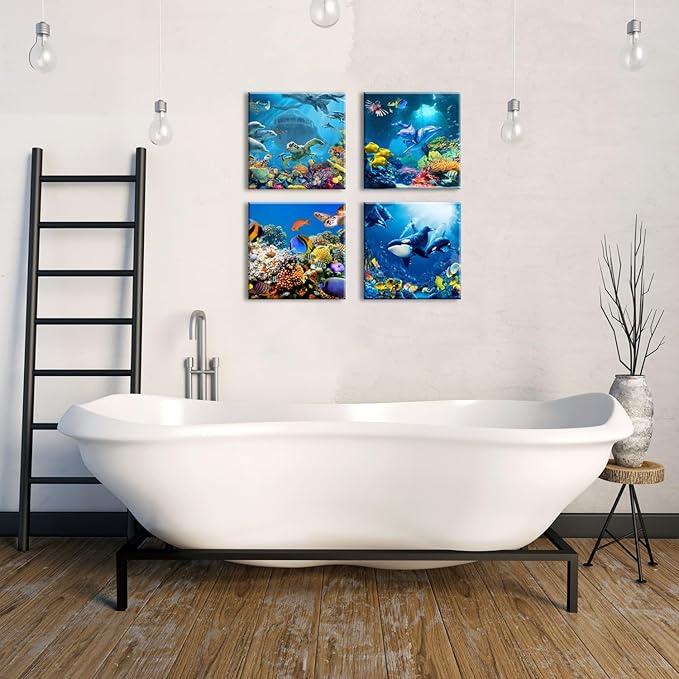 Ocean Animals Wall Art for Bathroom Beach Theme Sea Turtle Pictures Wall Decor Nautical Fish Dolphins Whales Canvas Prints Nautical Paintings Large Artwork Bedroom Nursery Home Decorations 24x24” 4Pcs