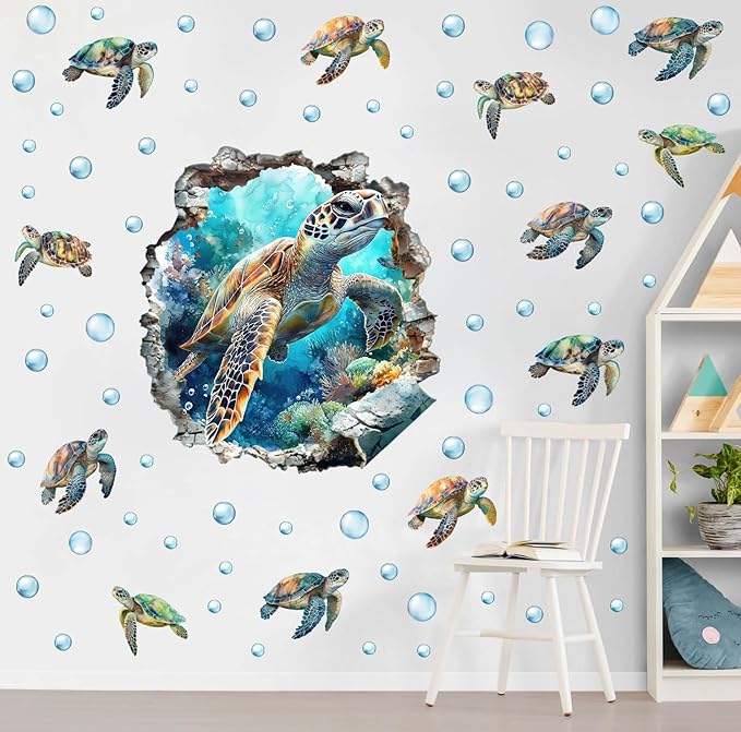 3D Large Sea Turtle Wall Decals(20.6”x22.1”), Watercolor Sea World Vinyl Wall Stickers, Removable Cartoon Under The Sea Animal Artwork for Baby Bedroom Playroom Bathroom Decor