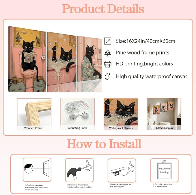 Funny Japanese Black Cat Bathroom Wall Art, Cute Japan Cat in Bathtub Wall Decor Paintings Funky Animal on Toilet Reading Newspaper Poster Canvas Prints Artwork 16x24 inch Framed