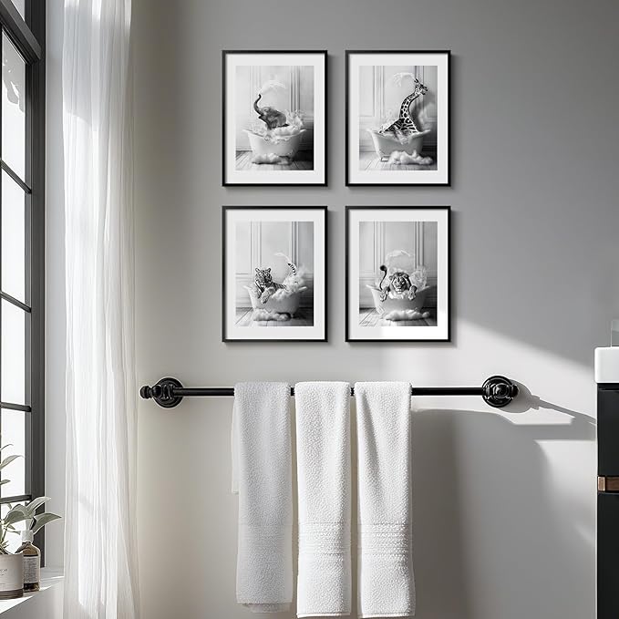 Framed Funny Bathroom Wall Art, 4 Piece Modern Black and White Canvas Prints Painting Artwork for Walls, Elephant Lion Tiger Giraffe Bathing Animals in Bathtub Pictures Kids Bathroom Wall Decor, 11x14