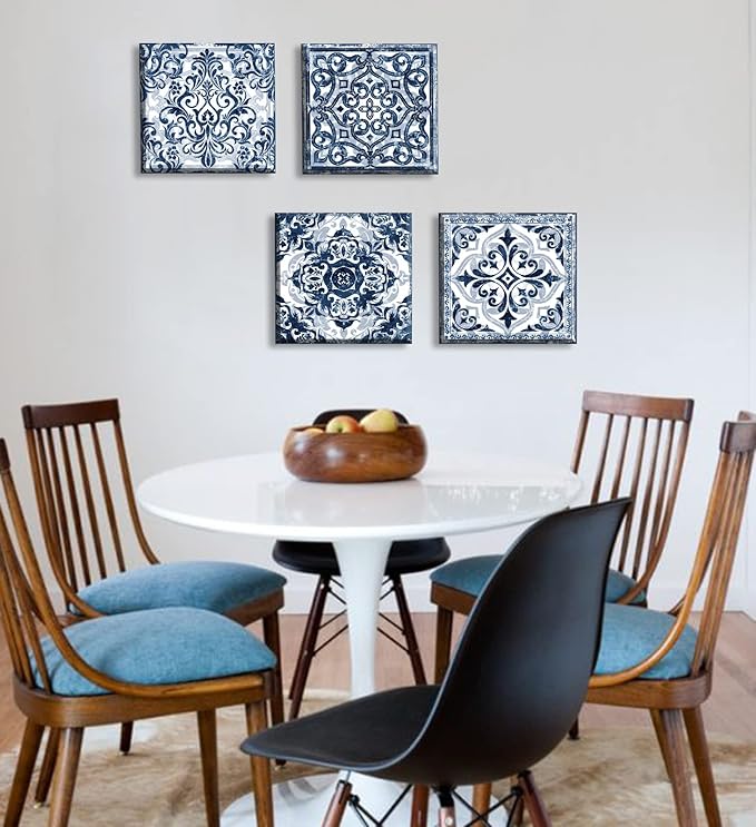 DJSYLIFE Bathroom Wall Decor Navy Blue Flower Paintings Canvas Prints Decoration Vintage Wall Art for Bedroom Framed Ready to Hang 12" Wx12 Hx4 pcs