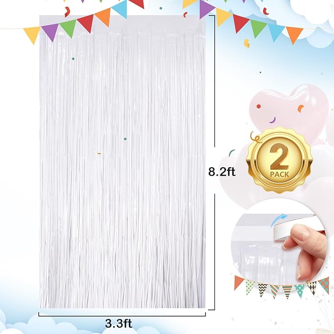 UWPVOWSR White Fringe Curtain Party Streamers 2Pack 3.3 x 8.3 Ft Foil Fringe Backdrop Curtains for Birthday Wedding Bridal Baby Shower, Holiday Tinsel Streamers White Party Decorations Door Streamers