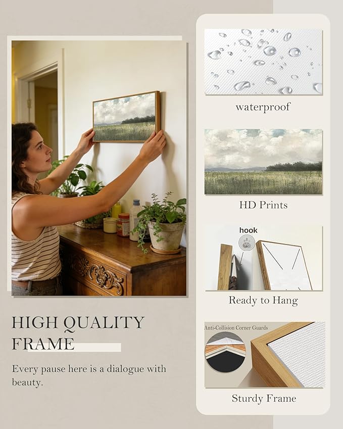 SHENIFY Vintage Landscape Framed Wall Art Country Meadow Scenery Farmhouse Decor Retro Painting for Bedroom Living Room Ready to Hang Wall Artwork - 8x16in Natural Framed