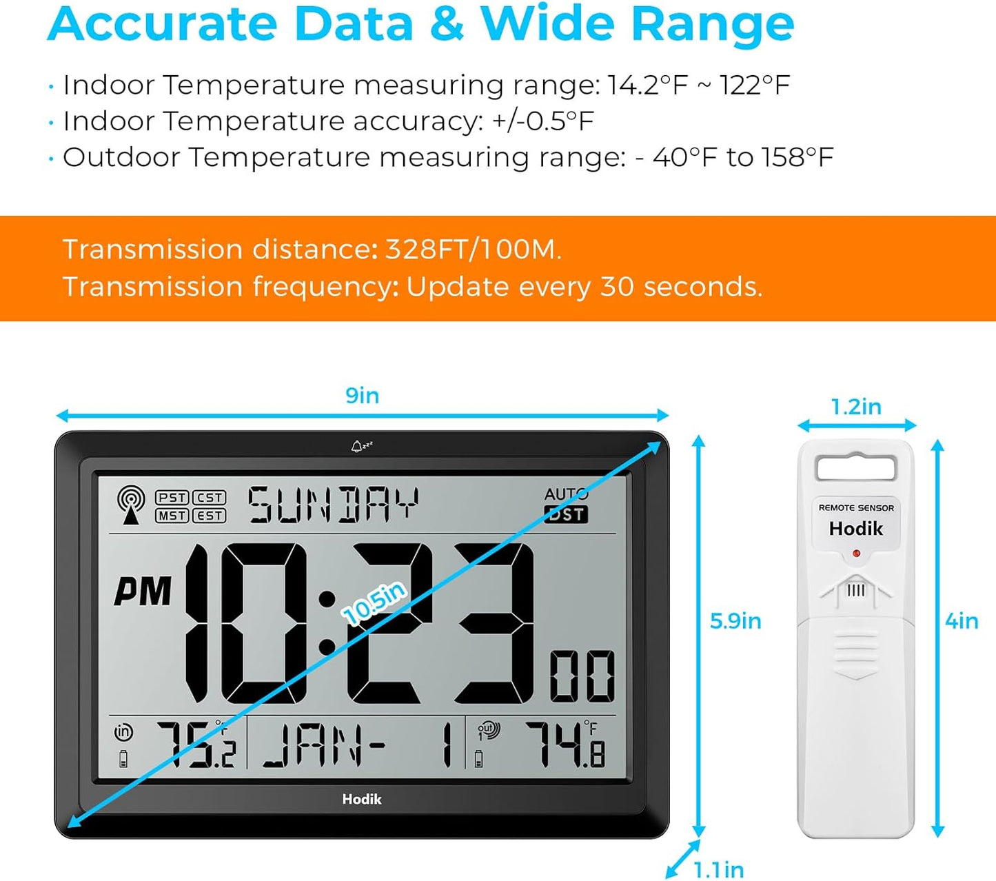 Wall Clock Atomic with Indoor Outdoor Temperature Battery Powered, Easy Reading with 10.5 Inch Large LCD Display, 330FT Range Table Wall Clock with DST, 12/24 Hour for Living Room Kitchen (Black)