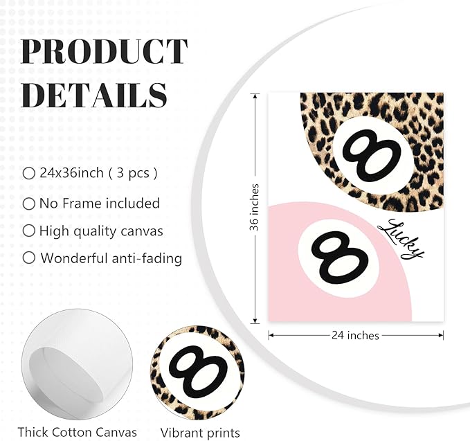 Lhoiplme Cheetah Trendy Wall Art Preppy Leopard Canvas Print Cheetah Room Wall Decor 8 Ball Poster Y2k Pink Coquette Luxury Print Lucky Aesthetic Fashion Pictures for Bedroom 24x36x3 Inch Unframed