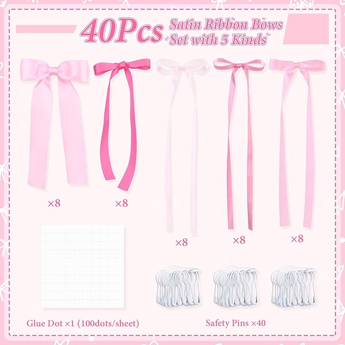 40Pcs Pink Bow Wall Decor, DIY Bow Photo Backdrop, Ribbon Bows Garland, Pink Bows Party Decor for Women Girls Birthday, Baby Shower, Bachelorette Wedding Party, Room Bedroom Decor