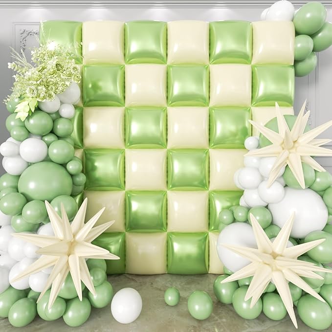 36pcs Cream Green and Cream White Square Foil Balloons Wall Backdrop with 147pcs Balloon Garland Arch Kit, Double Sided Balloons for Birthday Wedding Bridal Shower Baby Shower Party Decorations