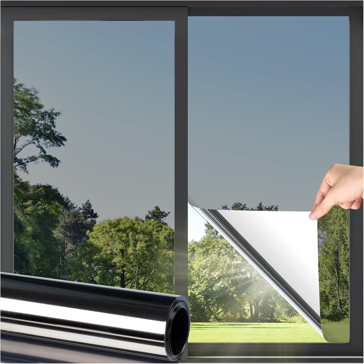DOWELL Window Privacy Film, One Way Window Tint for Home, Static Cling Anti UV Sun Blocking Reflective Mirror Film, Heat Control See Out Not in Glass Tinting, Black Silver, 35.4" x 78.7"