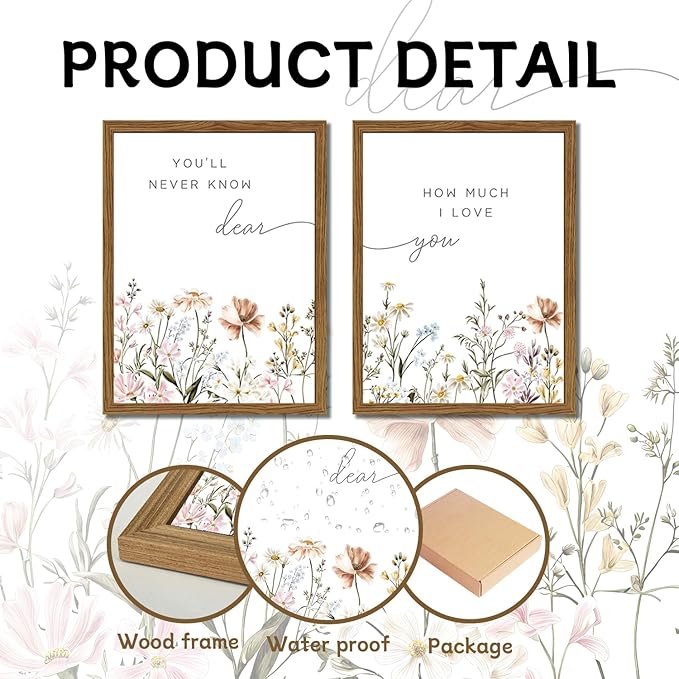 Wood Framed Wildflower Nursery Wall Art Set of 2, Boho Flower Botanical Wall Decor Paintings, Baby Girl Nurseries Pictures Posters Prints for Nursery Baby Room Bedroom Home Decoration 12x16 Inch